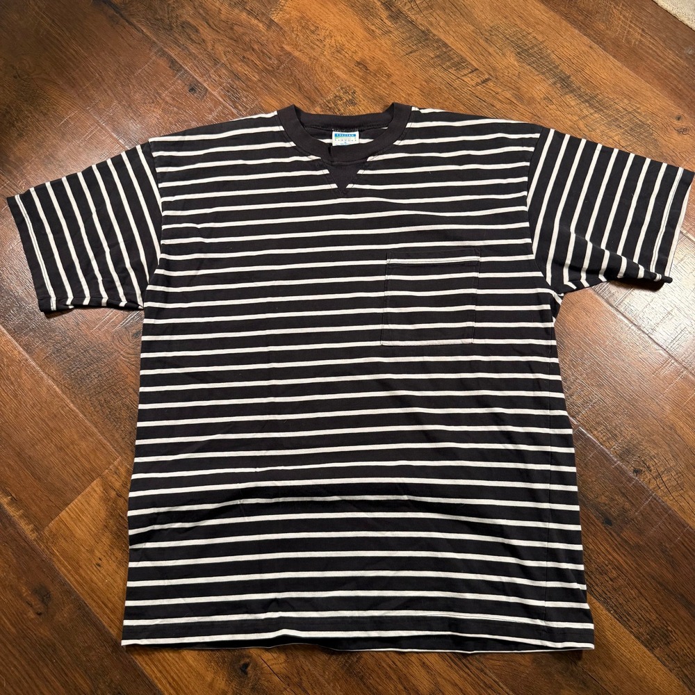 Vintage Cheetah Mervyns Striped Pocket T-Shirt Mens XL Black White 90s Cotton